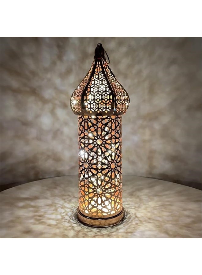 Ramadan Lantern Candle Holder, Metal Eid Mubarak Lantern Decor Lights, Moroccan Hollowed Lantern Lighting Decoration for Home Table Party Ramadan Tabletop, 10*10*35cm (Gold -L) - Image 1